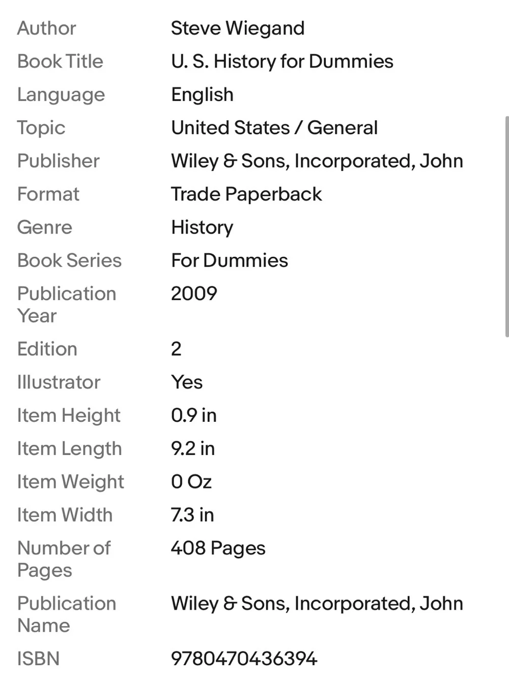 U.S. History For Dummies Paperback Book - Yellow/Black